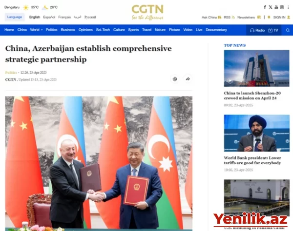 Çin mediası Azərbaycan Prezidentinin dövlət səfərinə geniş yer ayırıb