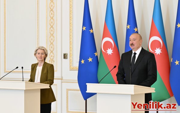 İlham Əliyev və Lyayen mətbuata bəyanatlarla çıxış etdilər - Fotolar+Video-Yenilənib